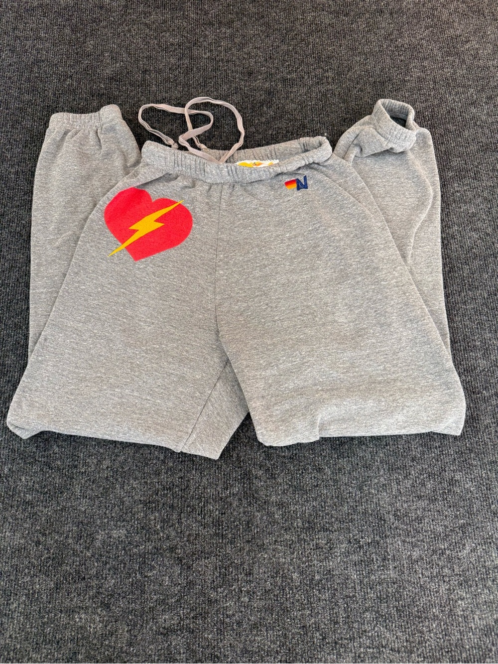 Aviator Nation Gray Sweatpants with Red Heart Lightning Graphic